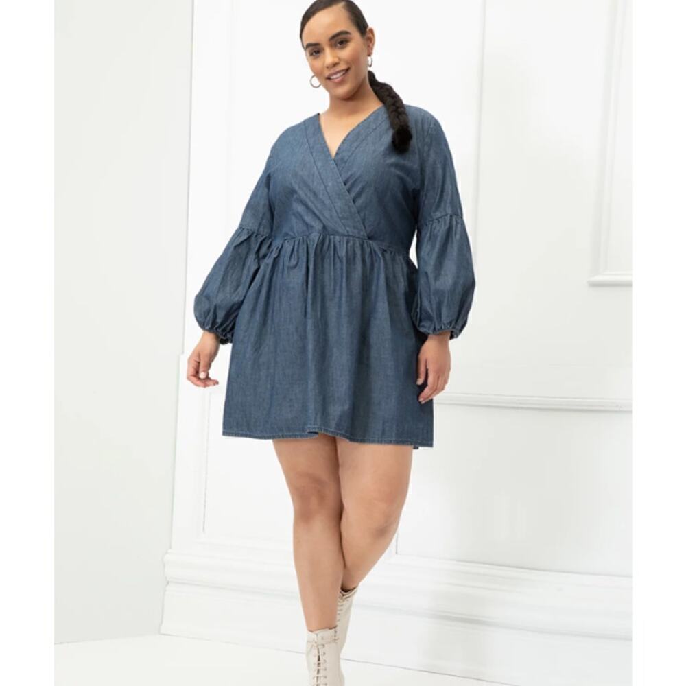 ELOQUII Elements Women's Balloon Sleeve Pullover Chambray Dress Size 22/24 Blue